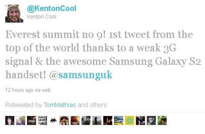 British mountain climber Kenton Cool tweets from the top of Everest.