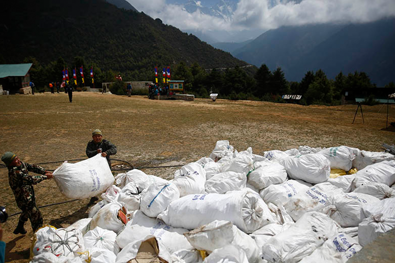 Nepal Army managing the waste in Namche Bazaar during cleanup campaign of Mount Everest and Amadablam 