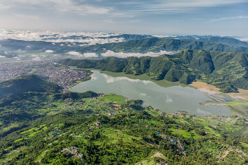 Beautiful aerial shot of  Pokhara Valley